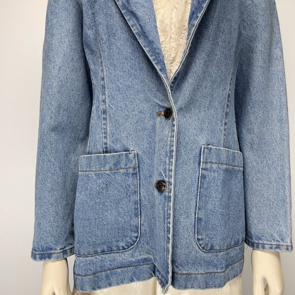 COBRA Vintage 90’s Long Blue Medium Wash Jean Blazer V-Neck Pockets Jacket s M - Picture 6 of 7